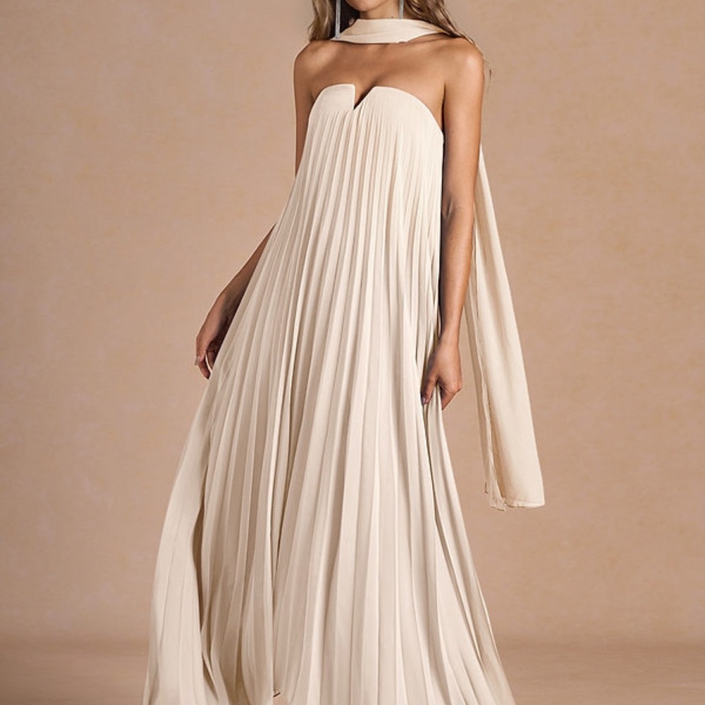Azazie Cream Strapless Pleated Gown